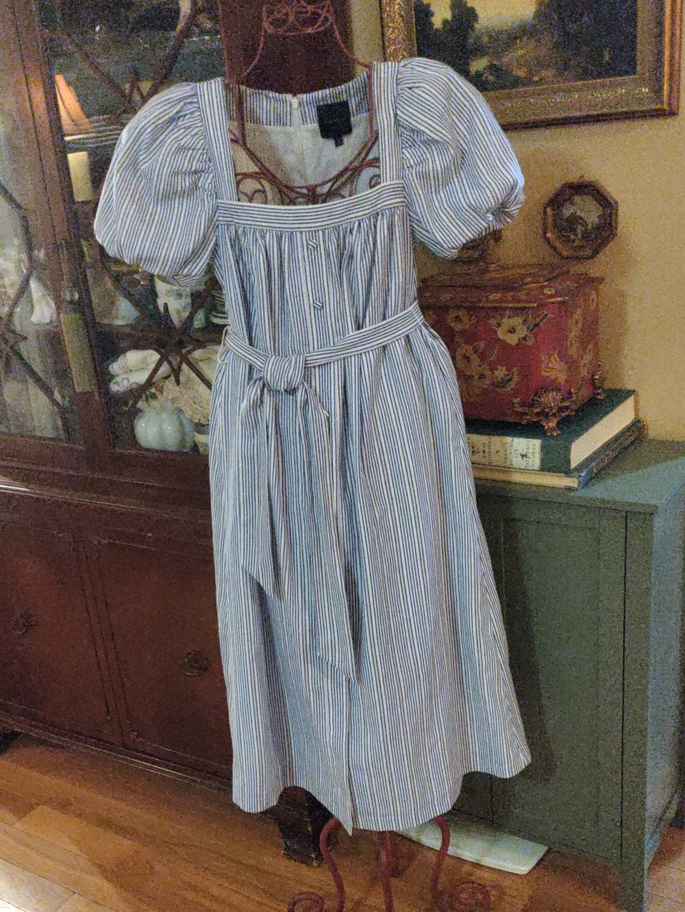 Alex Marie Blue & White Striped Square-Neck Puff Sleeve Midi Dress